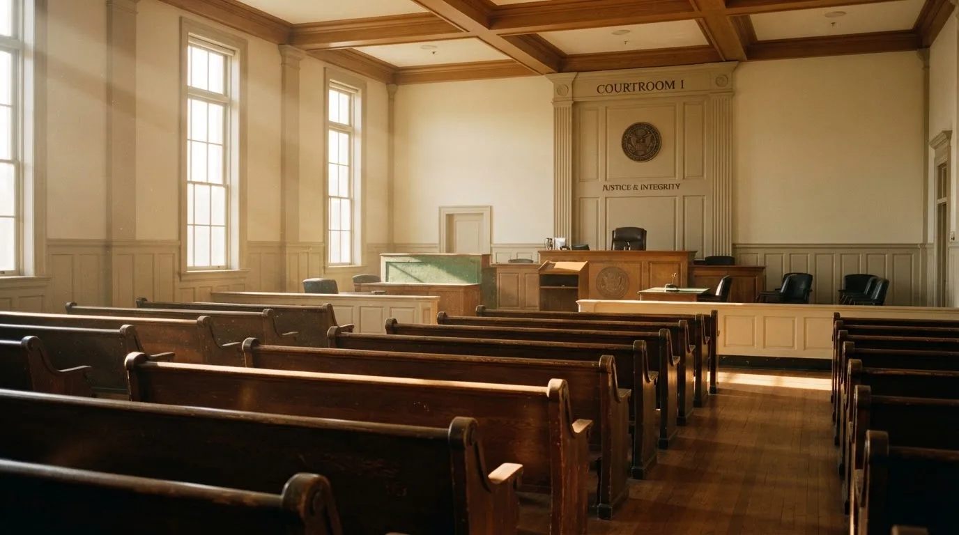 An empty courtroom with wooden benches in morning light