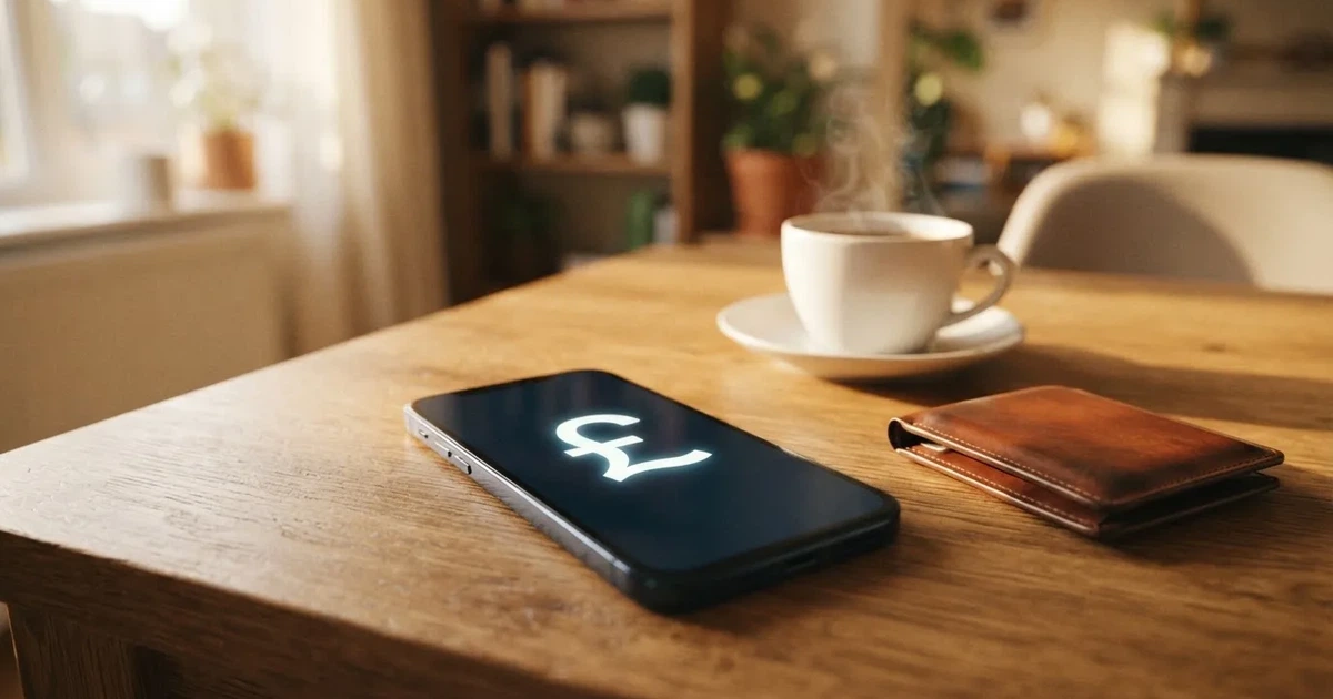 A smartphone on a wooden table beside a wallet and a coffee cup