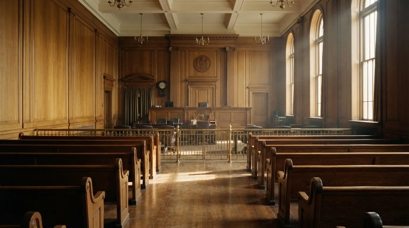 An empty courtroom with wooden benches in morning light