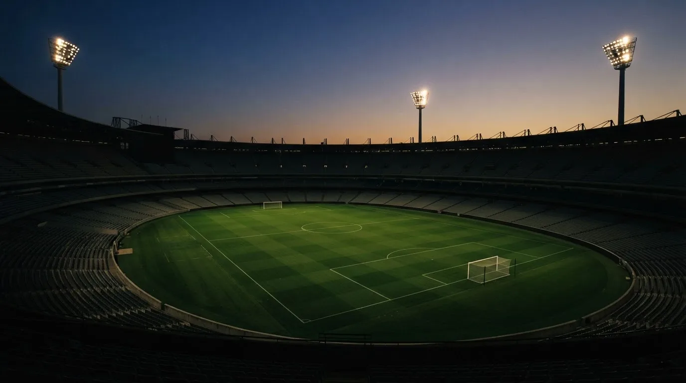 An empty football stadium with floodlight masts at dusk
