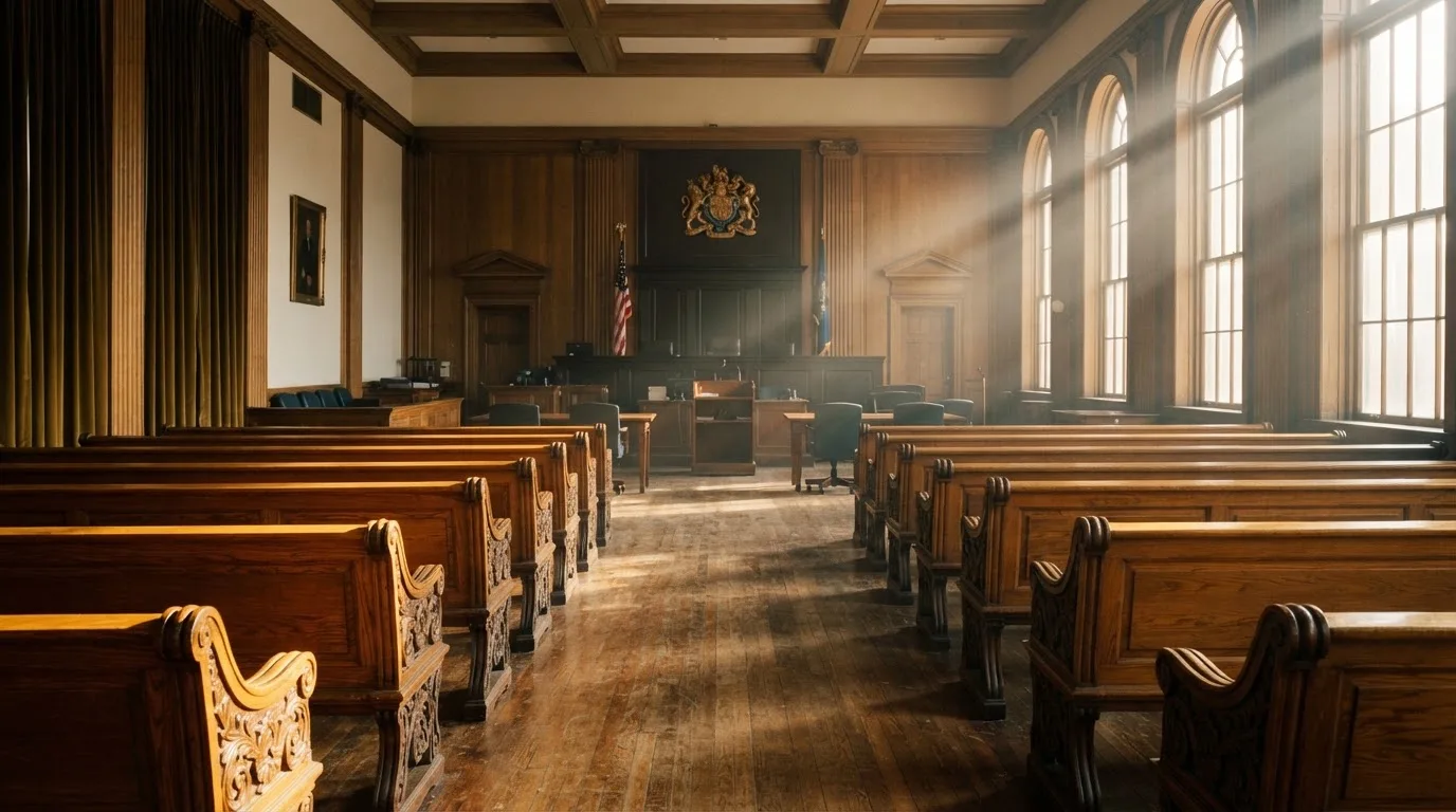 An empty courtroom with wooden benches in morning light