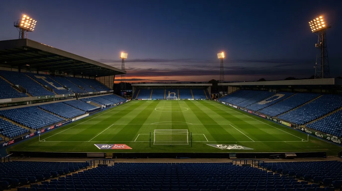 An empty football stadium with floodlight masts at dusk