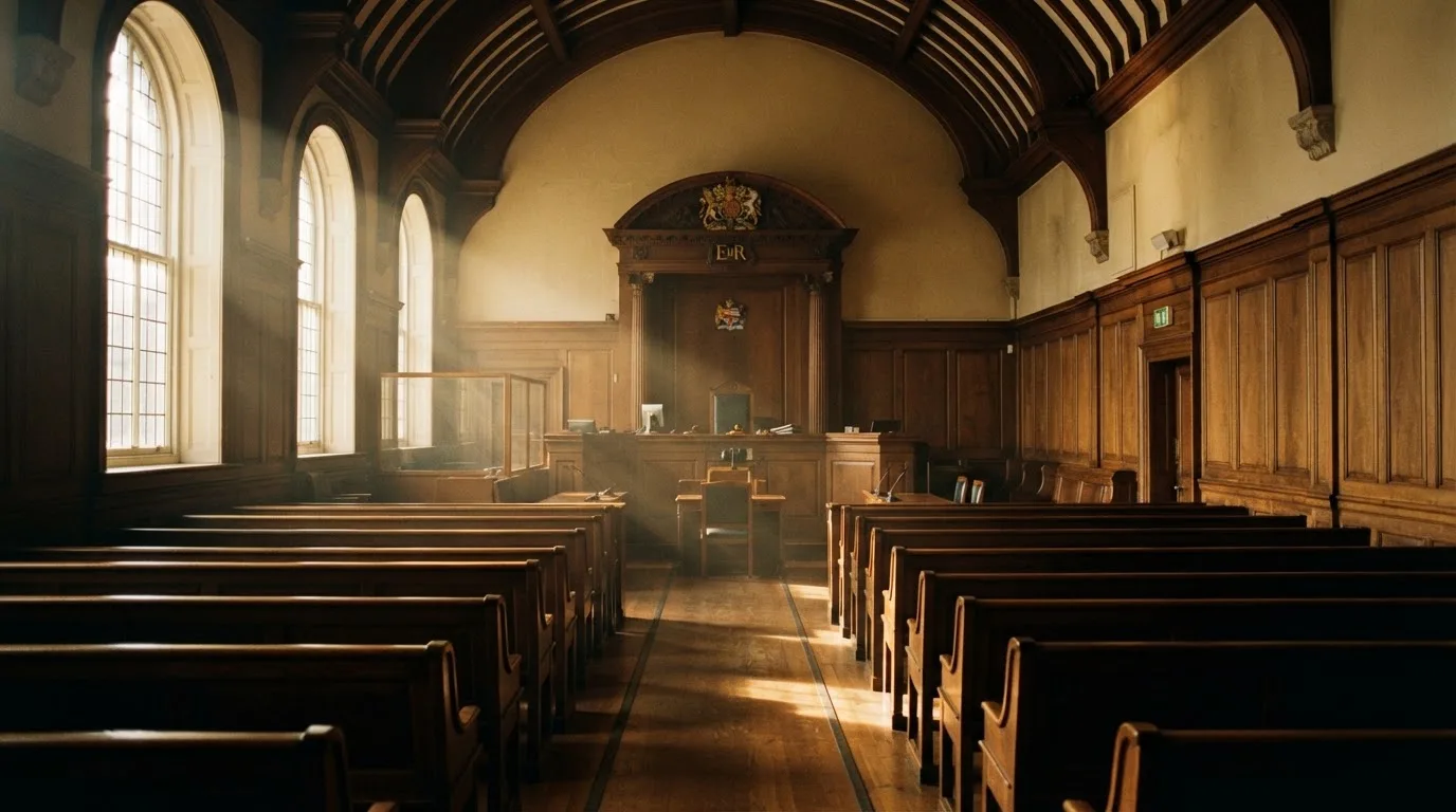 An empty courtroom with wooden benches in morning light