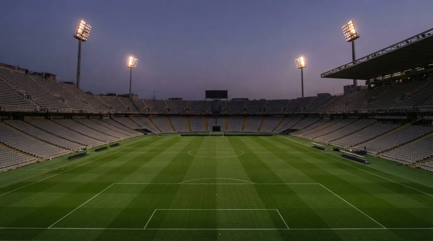 An empty football stadium with floodlight masts at dusk