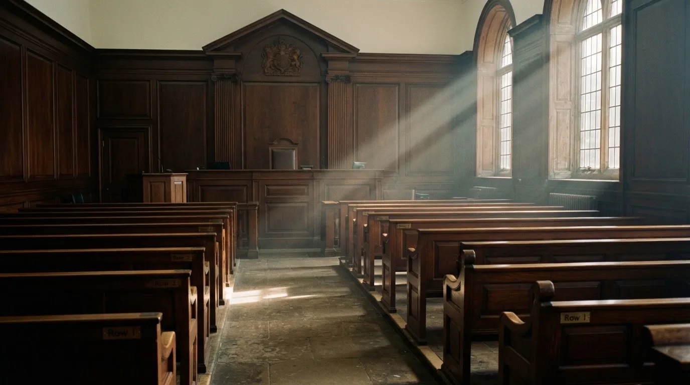 An empty courtroom with wooden benches in morning light