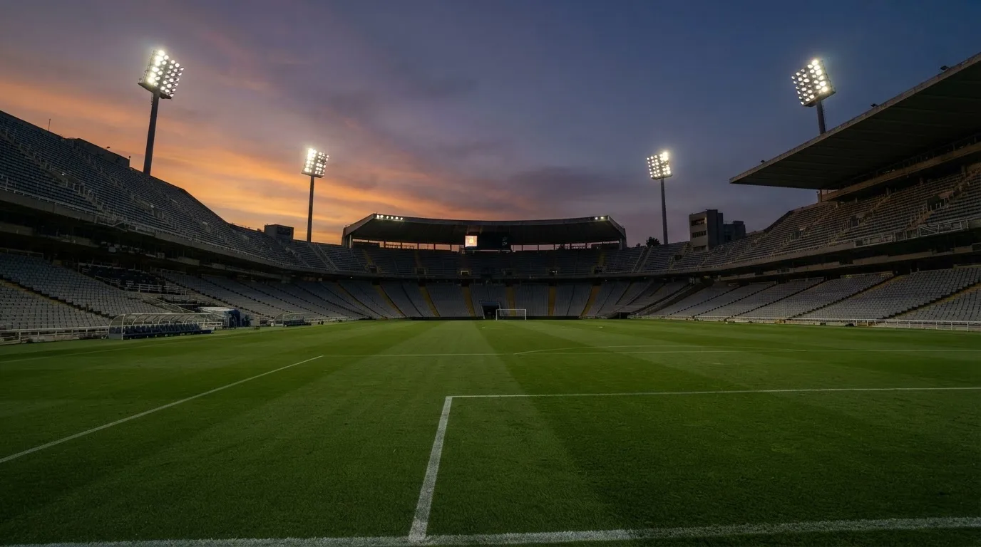 An empty football stadium with floodlight masts at dusk