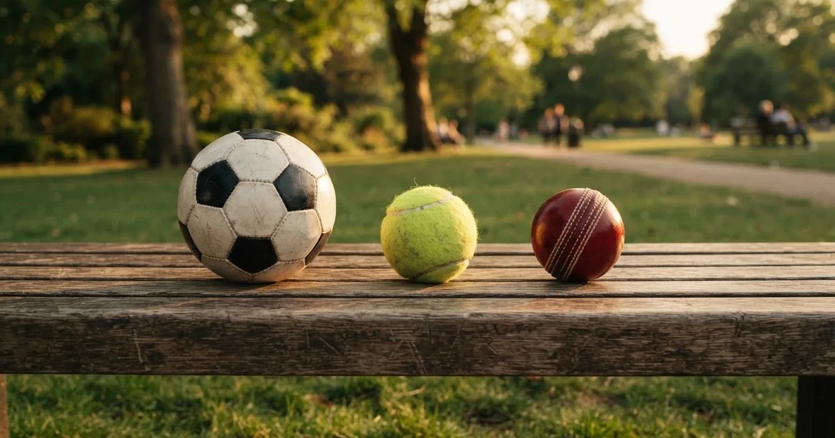 Three balls of different kinds side by side on a wooden bench