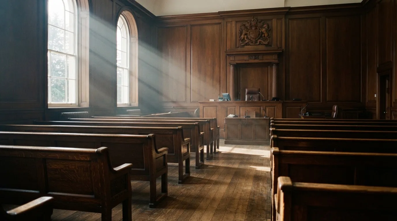 An empty courtroom with wooden benches in morning light