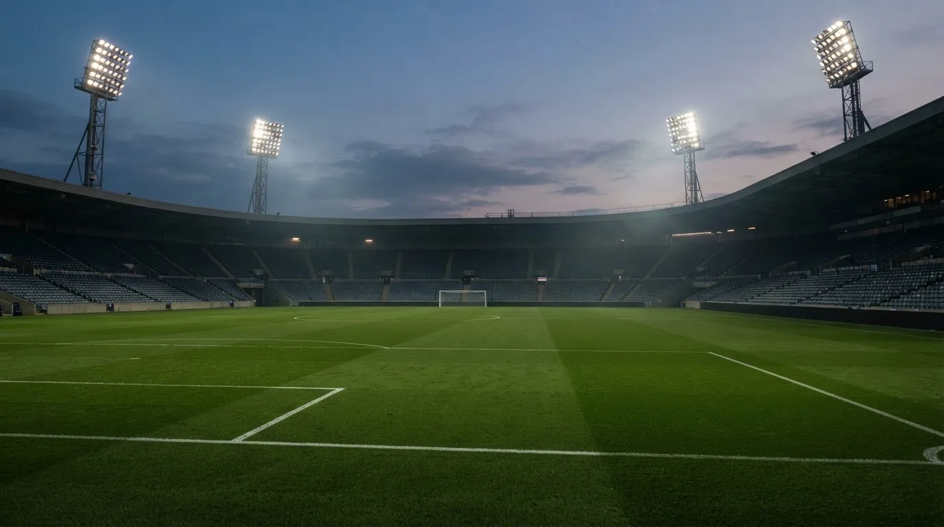 An empty football stadium with floodlight masts at dusk