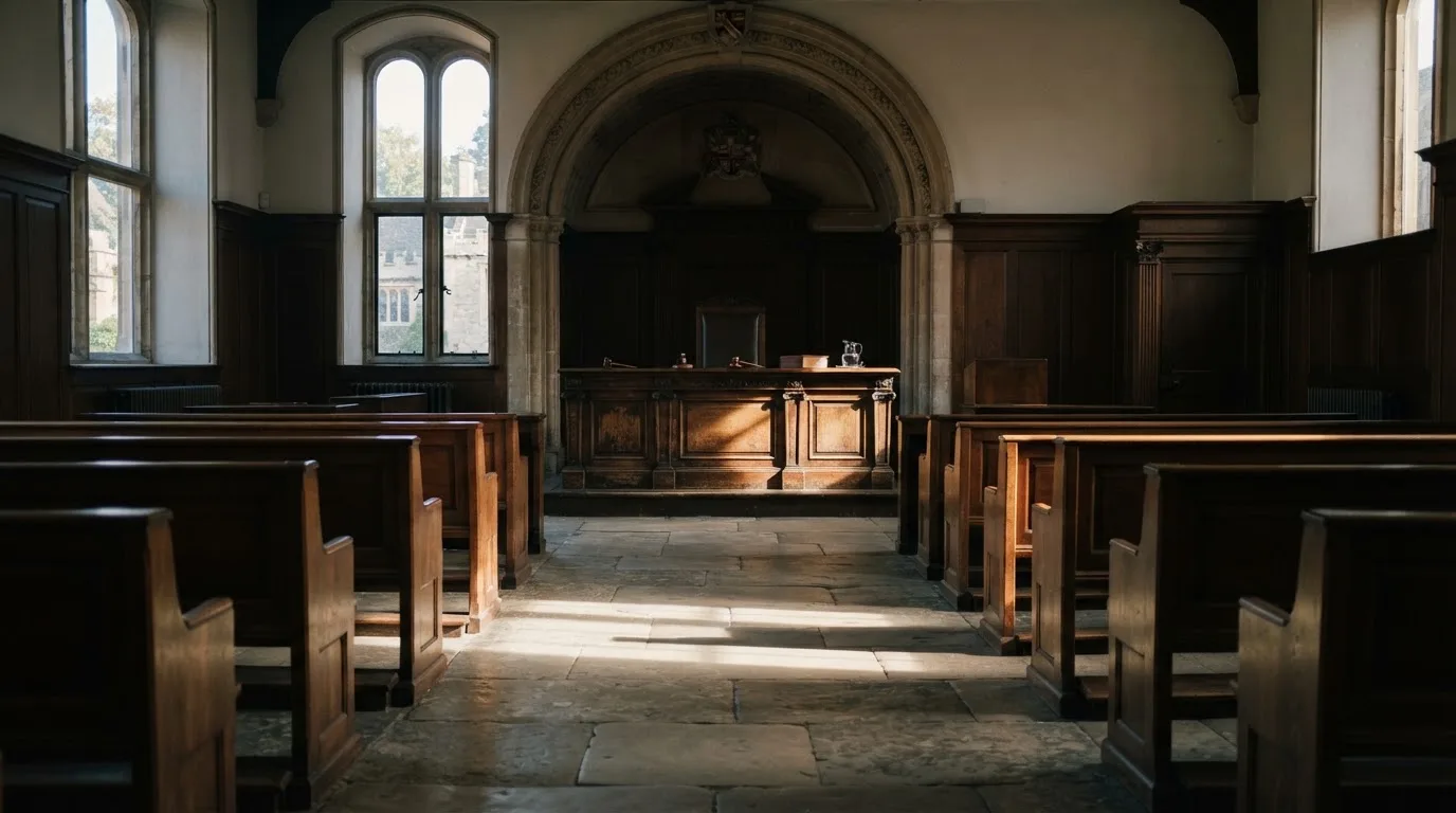 An empty courtroom with wooden benches in morning light