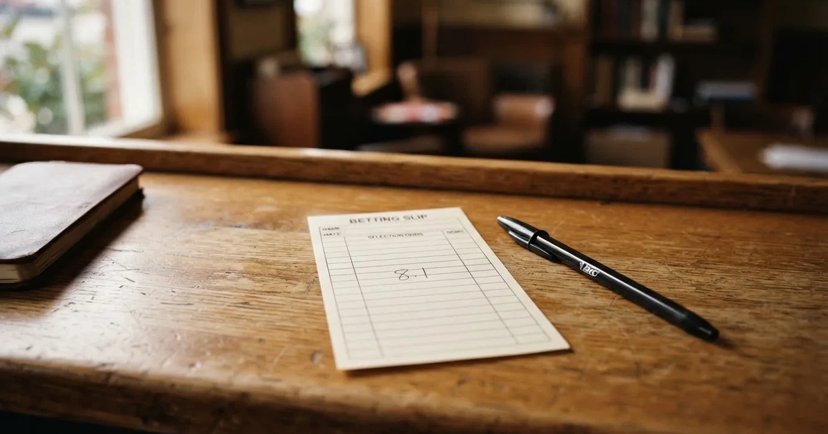A blank paper betting slip beside a pen on a wooden counter