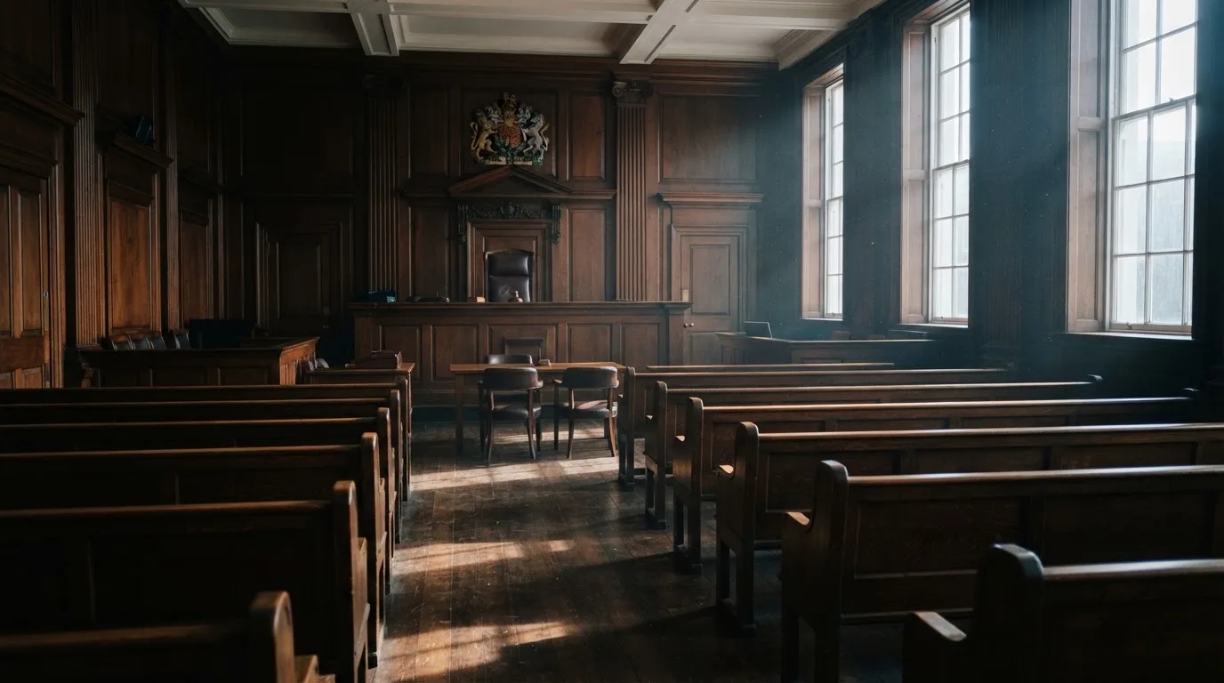 An empty courtroom with wooden benches in morning light