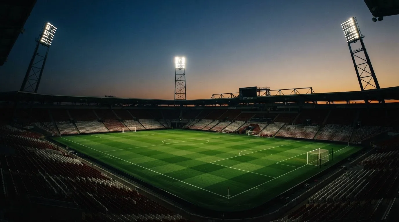 An empty football stadium with floodlight masts at dusk