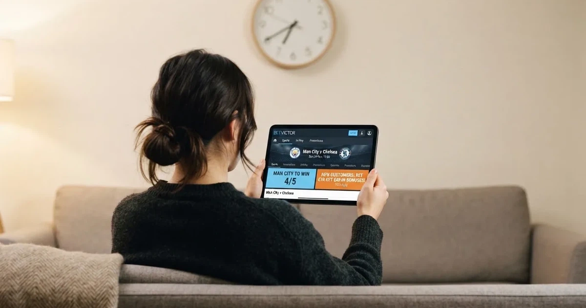 A person on a sofa looking thoughtfully at a tablet, a wall clock in the background