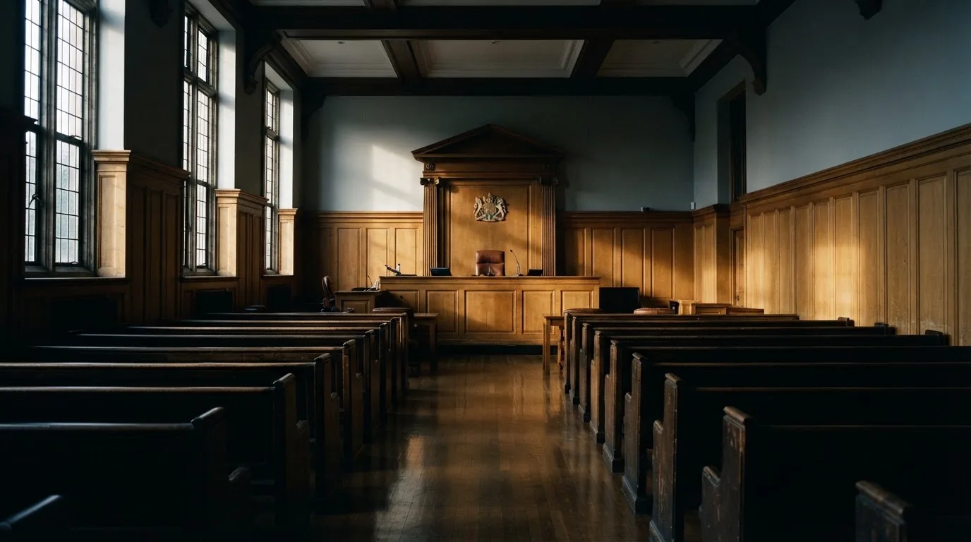 An empty courtroom with wooden benches in morning light