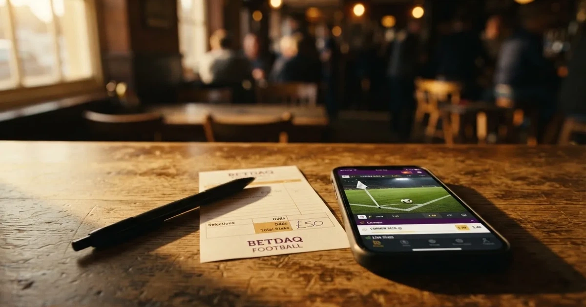 A blank paper betting slip beside a pen on a wooden counter