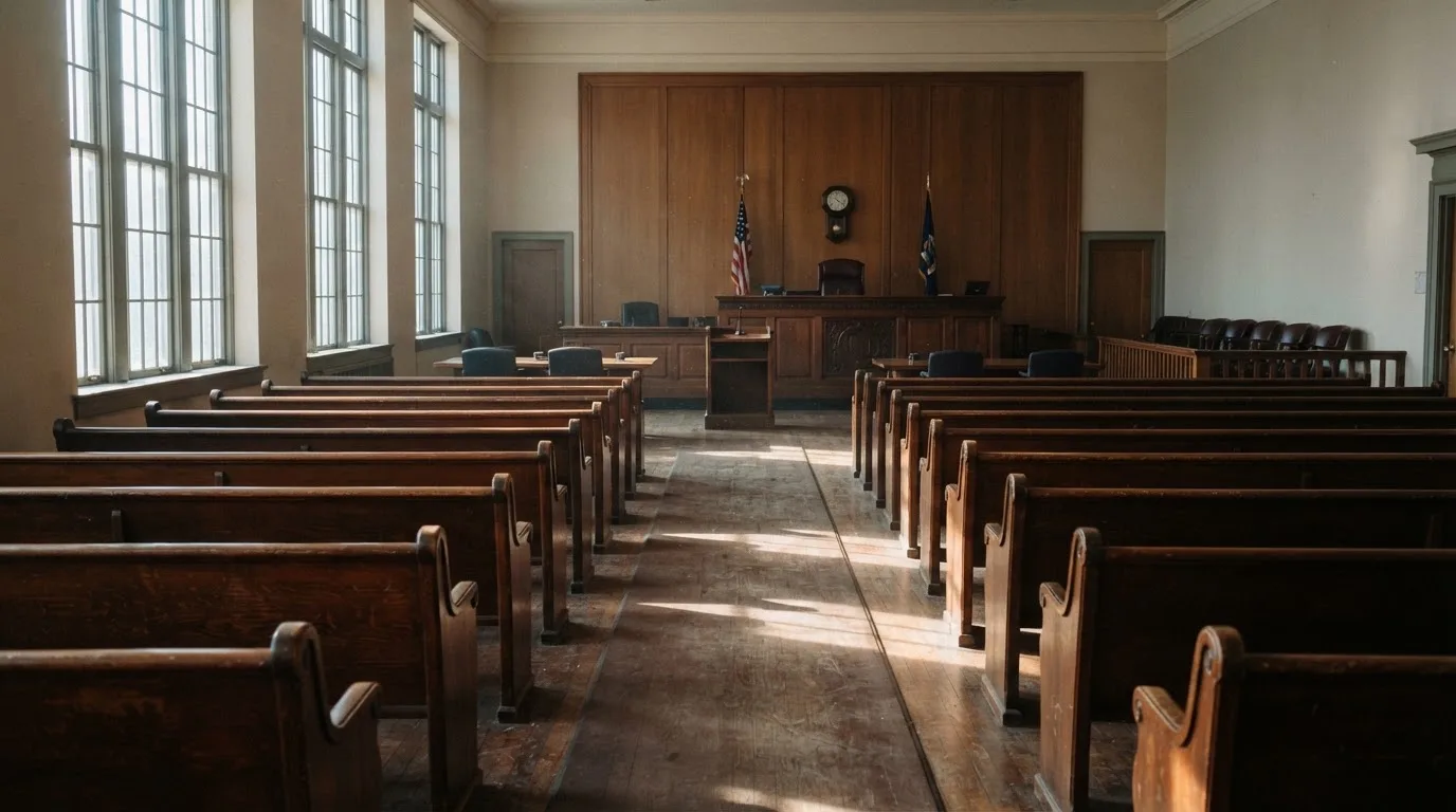 An empty courtroom with wooden benches in morning light