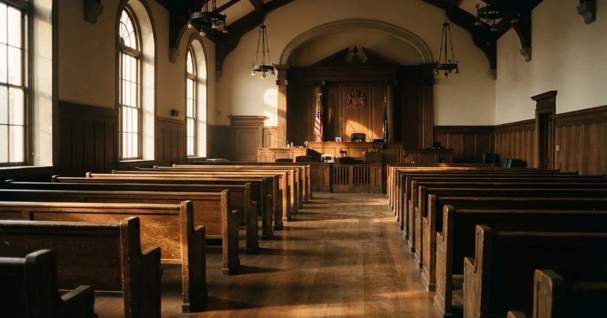 An empty courtroom with wooden benches in morning light