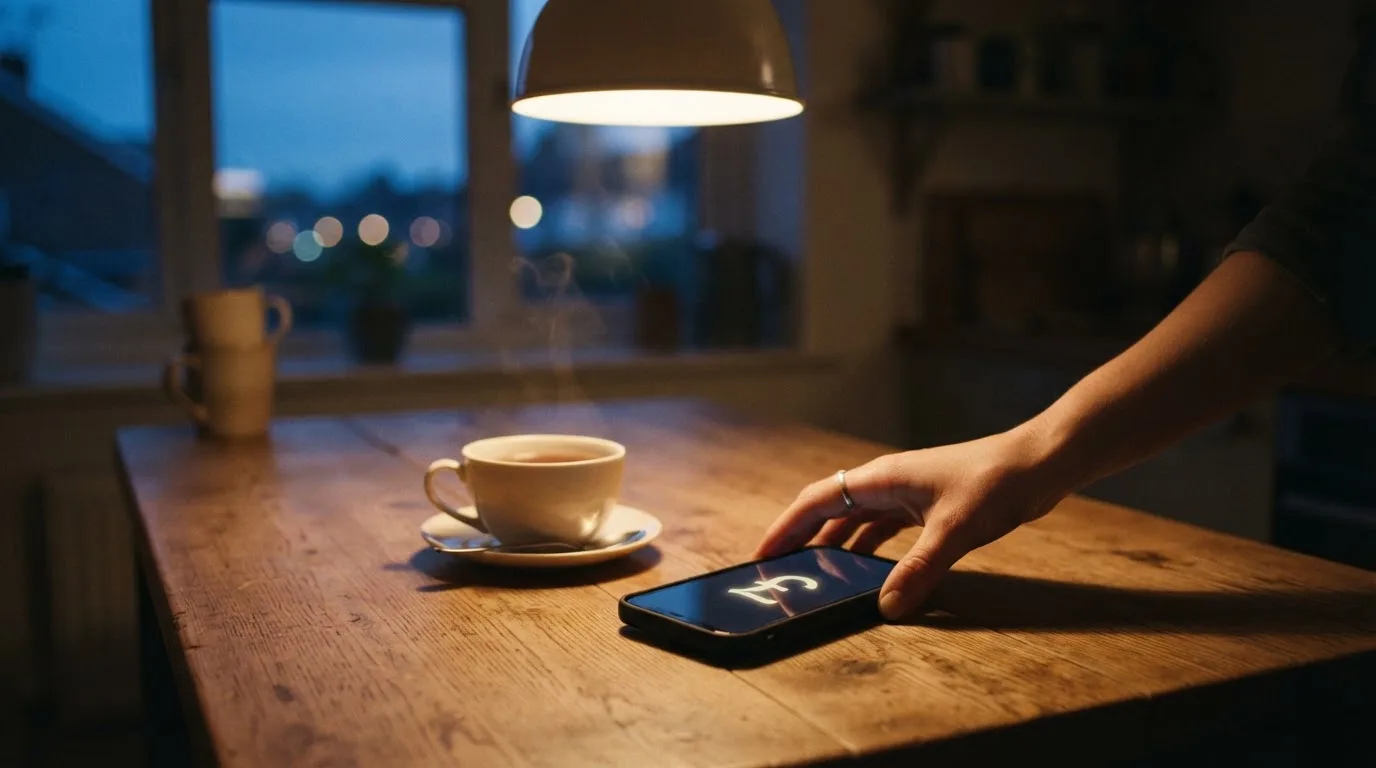 A hand setting a smartphone down beside a cup of tea on a kitchen table on a quiet evening