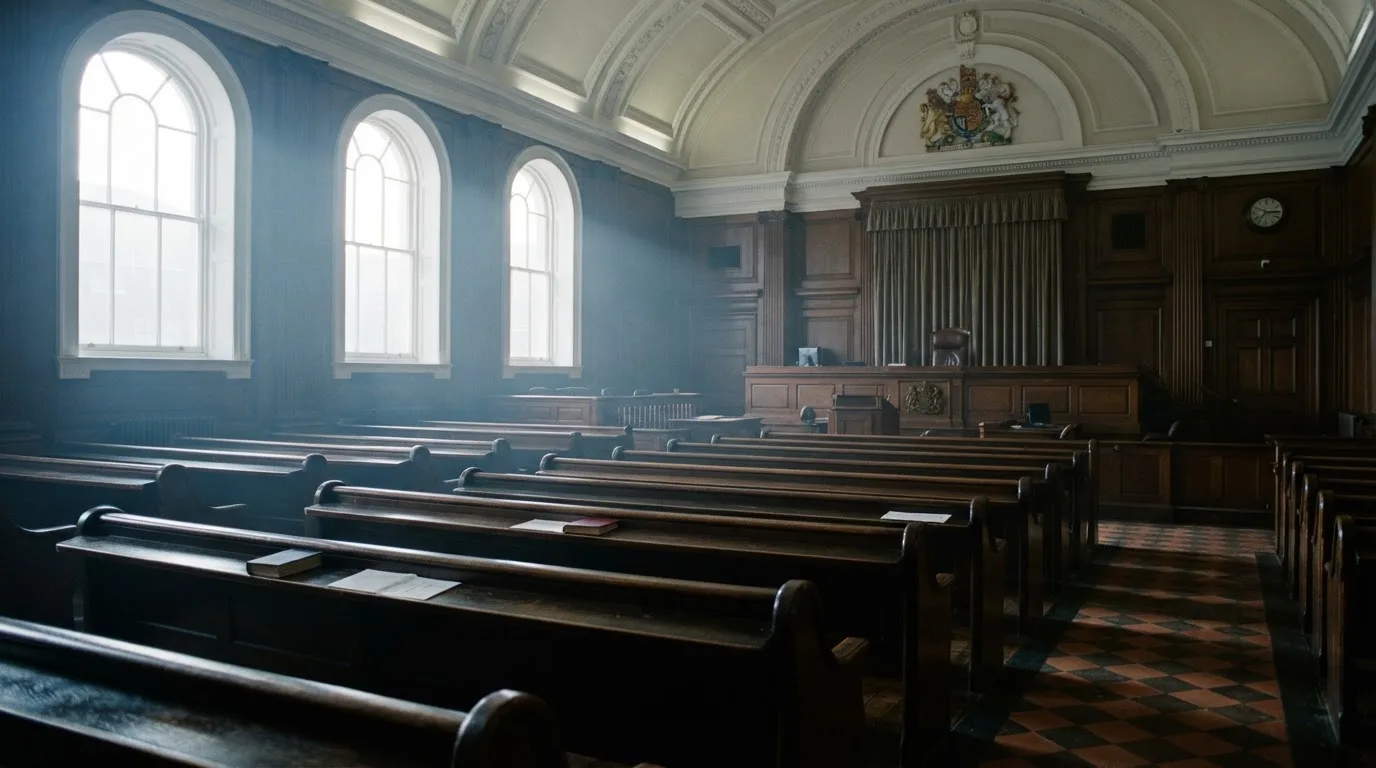 An empty courtroom with wooden benches in morning light