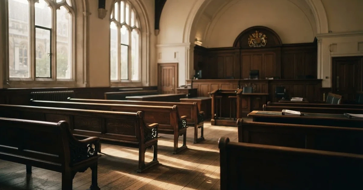 An empty courtroom with wooden benches in morning light