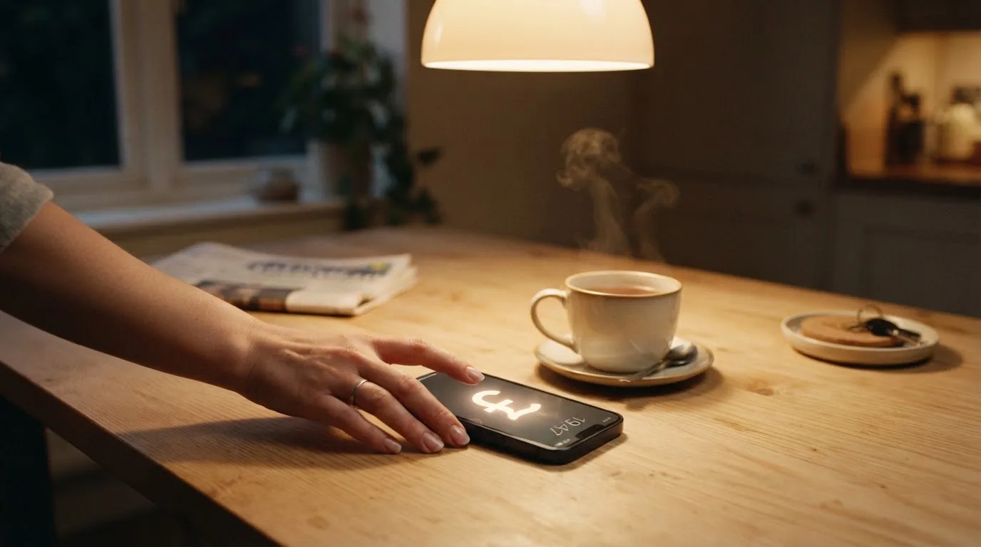 A hand setting a smartphone down beside a cup of tea on a kitchen table on a quiet evening