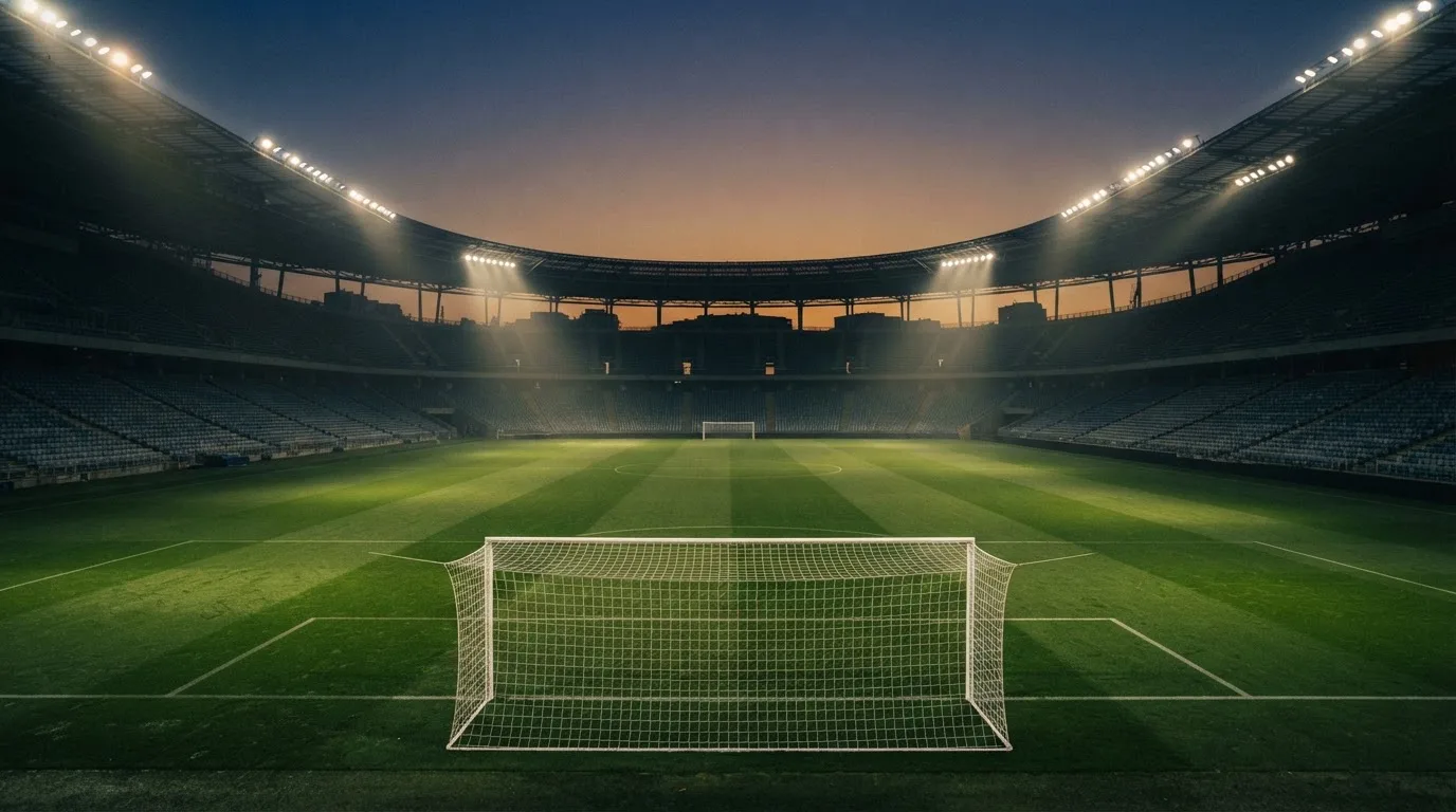 An empty football stadium with floodlight masts at dusk