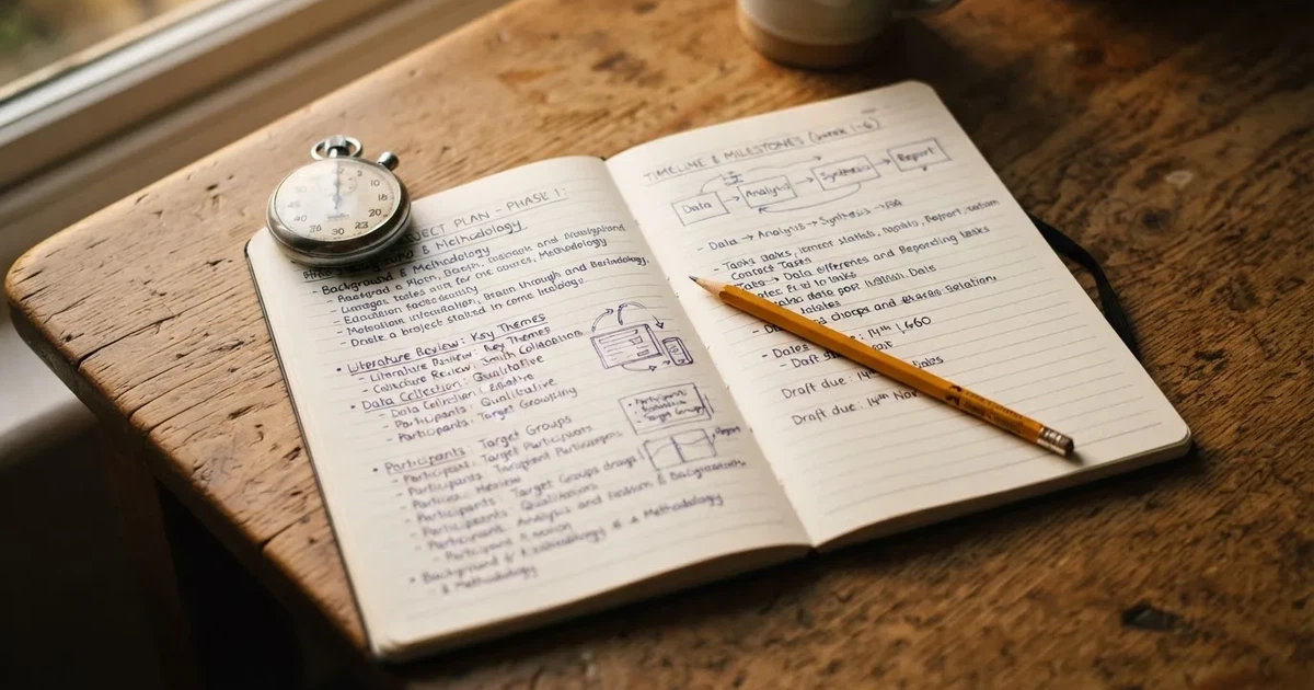 An open notebook with a pencil and a stopwatch on a wooden table