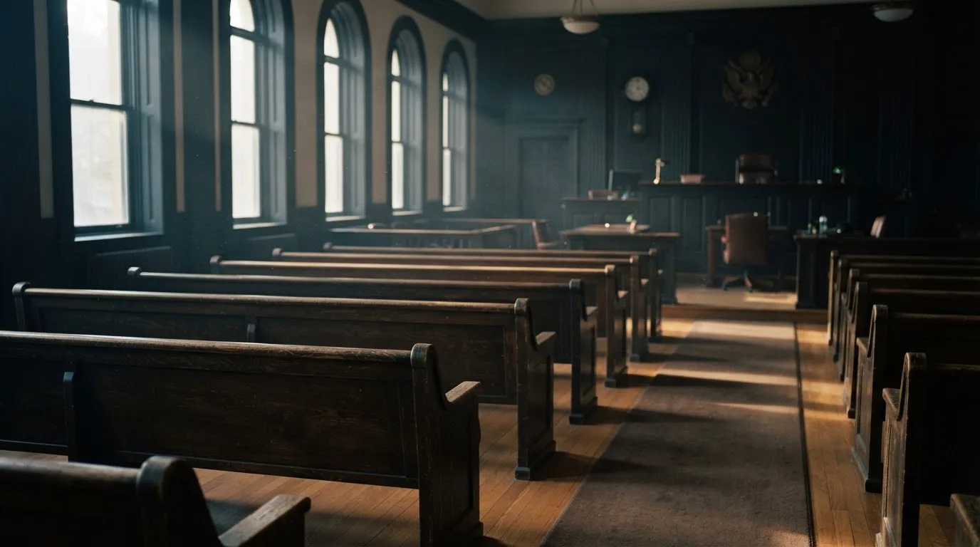 An empty courtroom with wooden benches in morning light