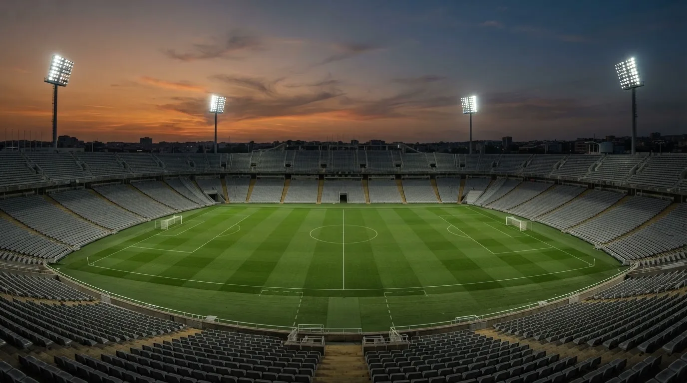 An empty football stadium with floodlight masts at dusk