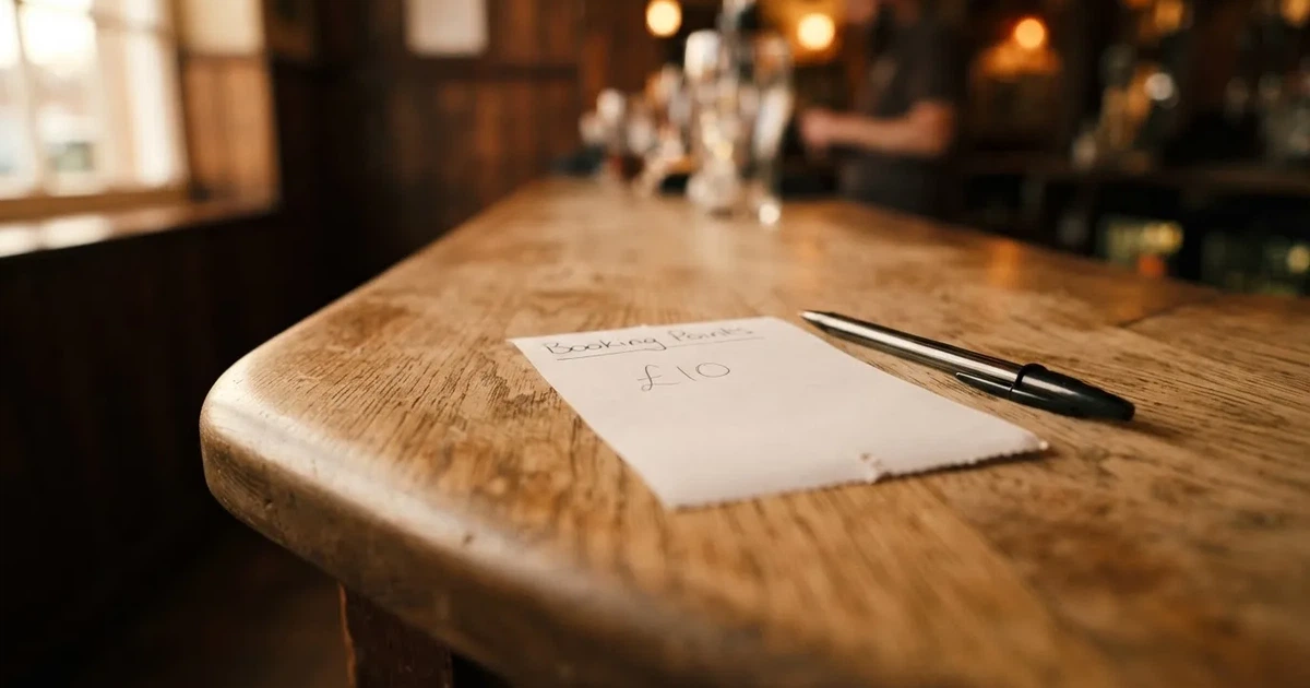 A blank paper betting slip beside a pen on a wooden counter
