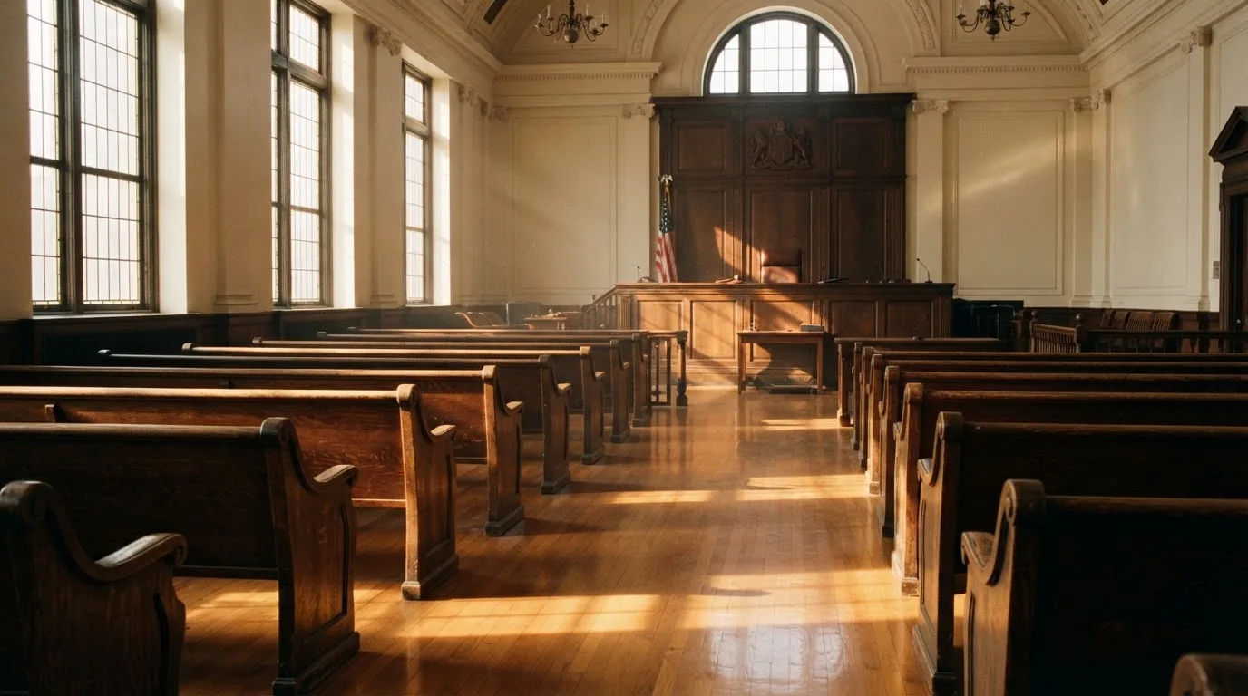 An empty courtroom with wooden benches in morning light