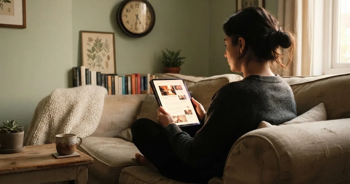 A person on a sofa looking thoughtfully at a tablet, a wall clock in the background