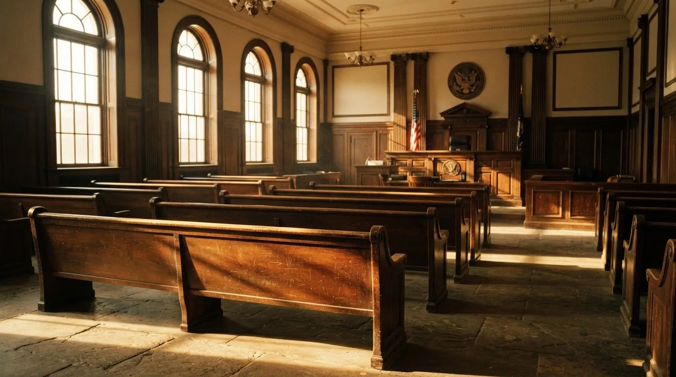 An empty courtroom with wooden benches in morning light