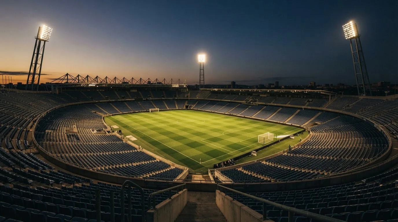 An empty football stadium with floodlight masts at dusk