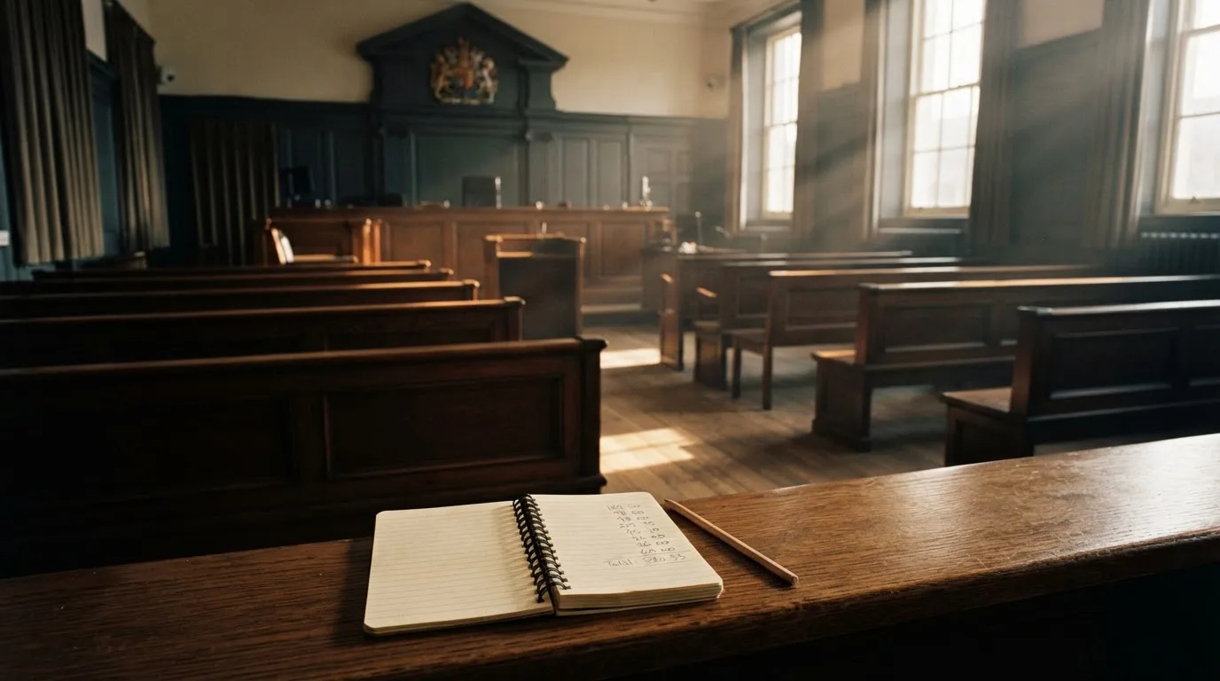 An empty courtroom with wooden benches in morning light