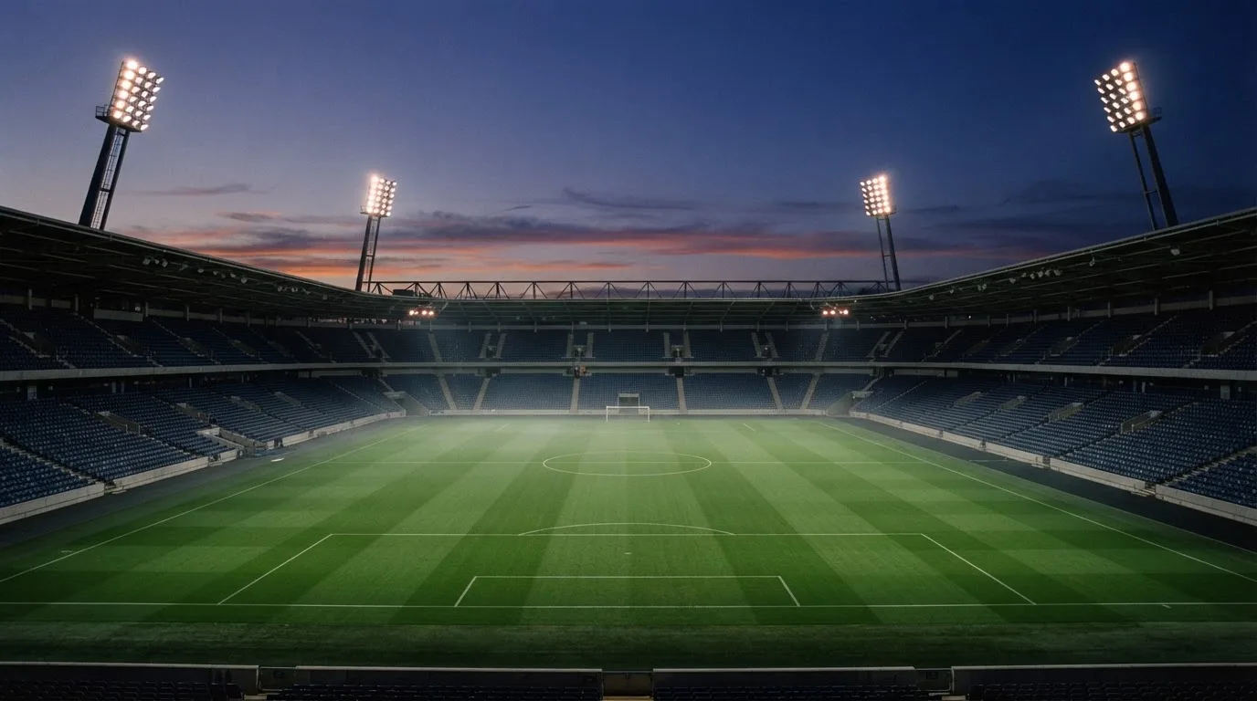 An empty football stadium with floodlight masts at dusk