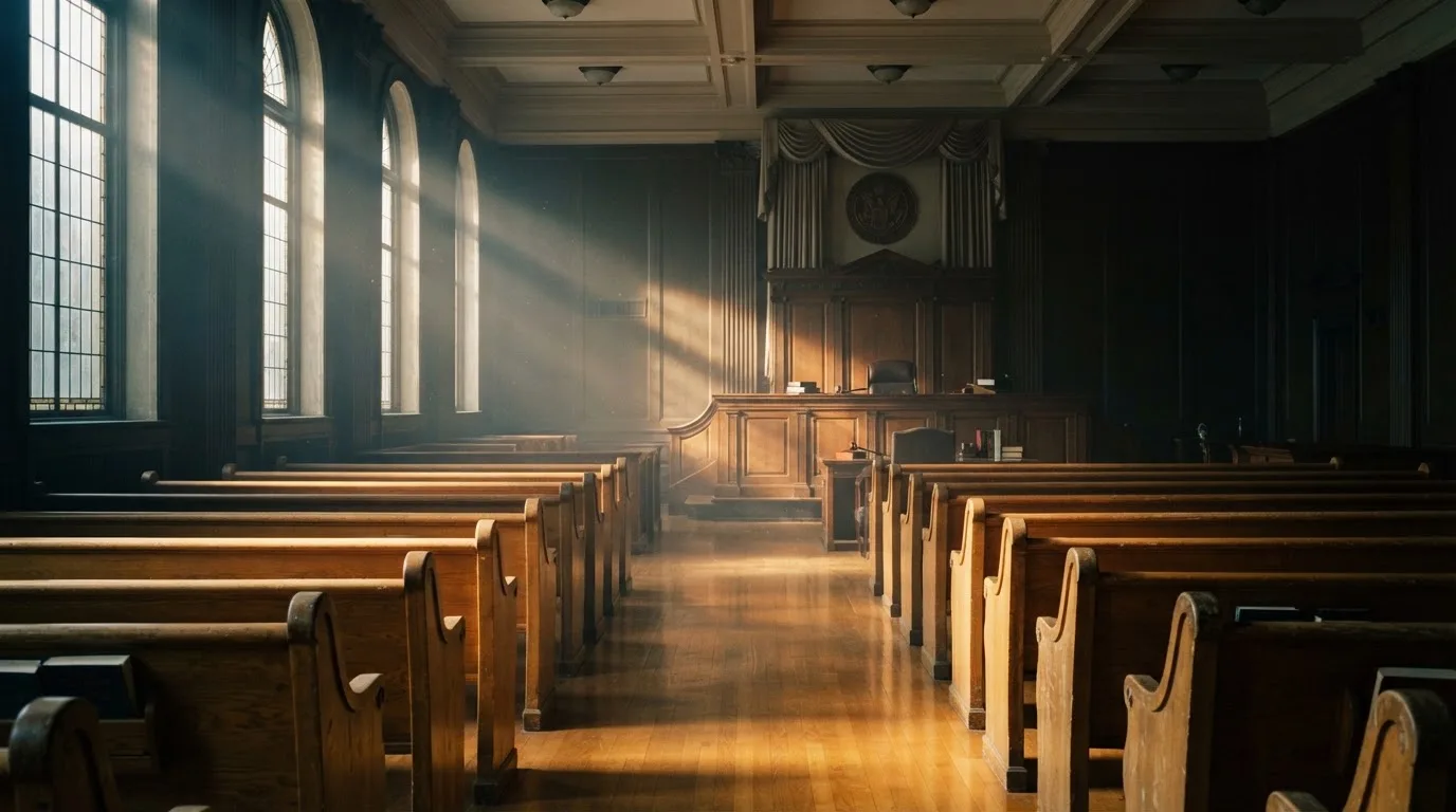 An empty courtroom with wooden benches in morning light