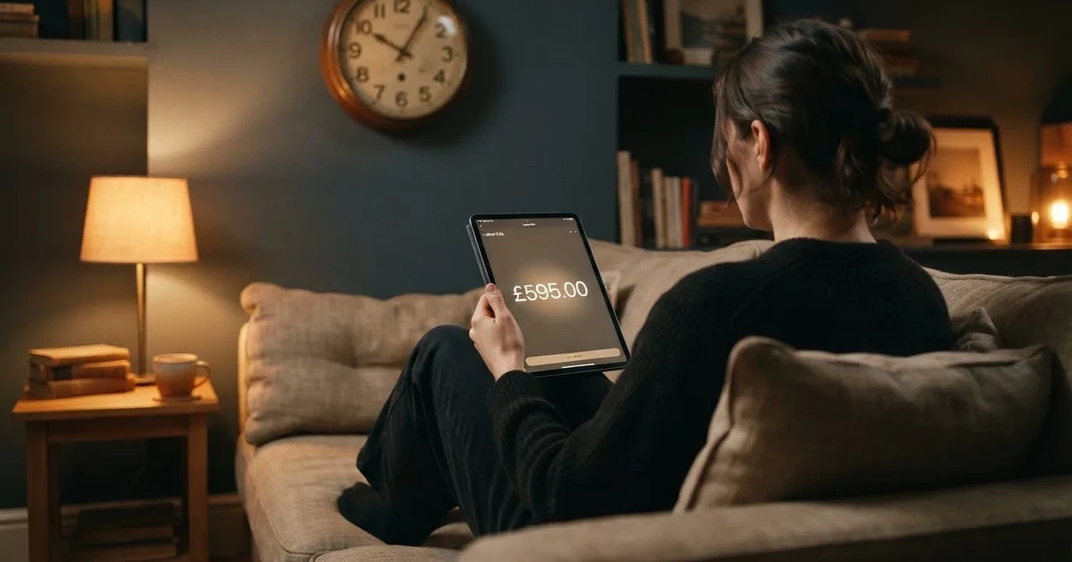 A person on a sofa looking thoughtfully at a tablet, a wall clock in the background