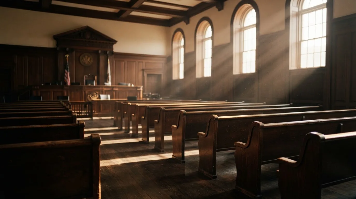 An empty courtroom with wooden benches in morning light