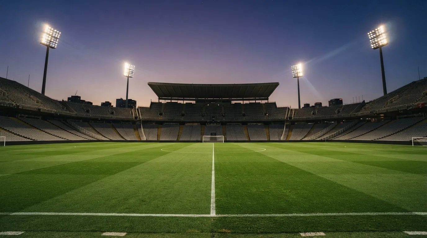 An empty football stadium with floodlight masts at dusk