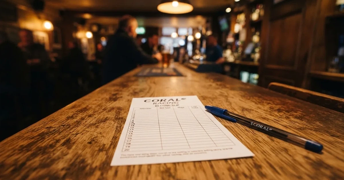 A blank paper betting slip beside a pen on a wooden counter