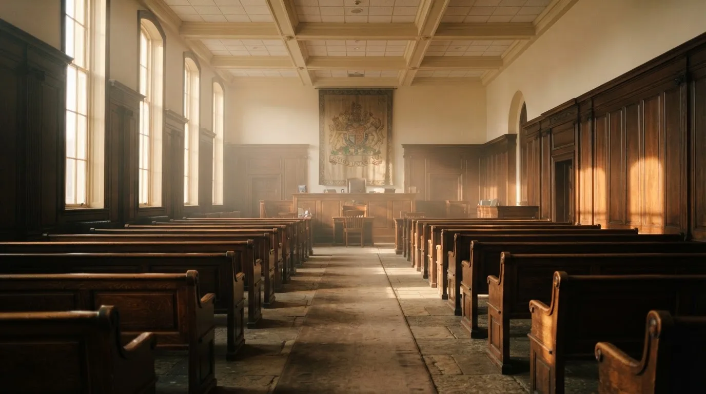An empty courtroom with wooden benches in morning light