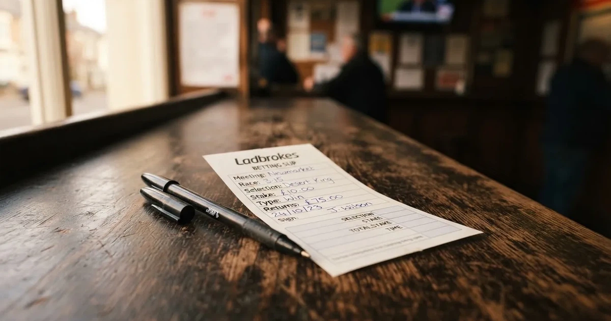A blank paper betting slip beside a pen on a wooden counter