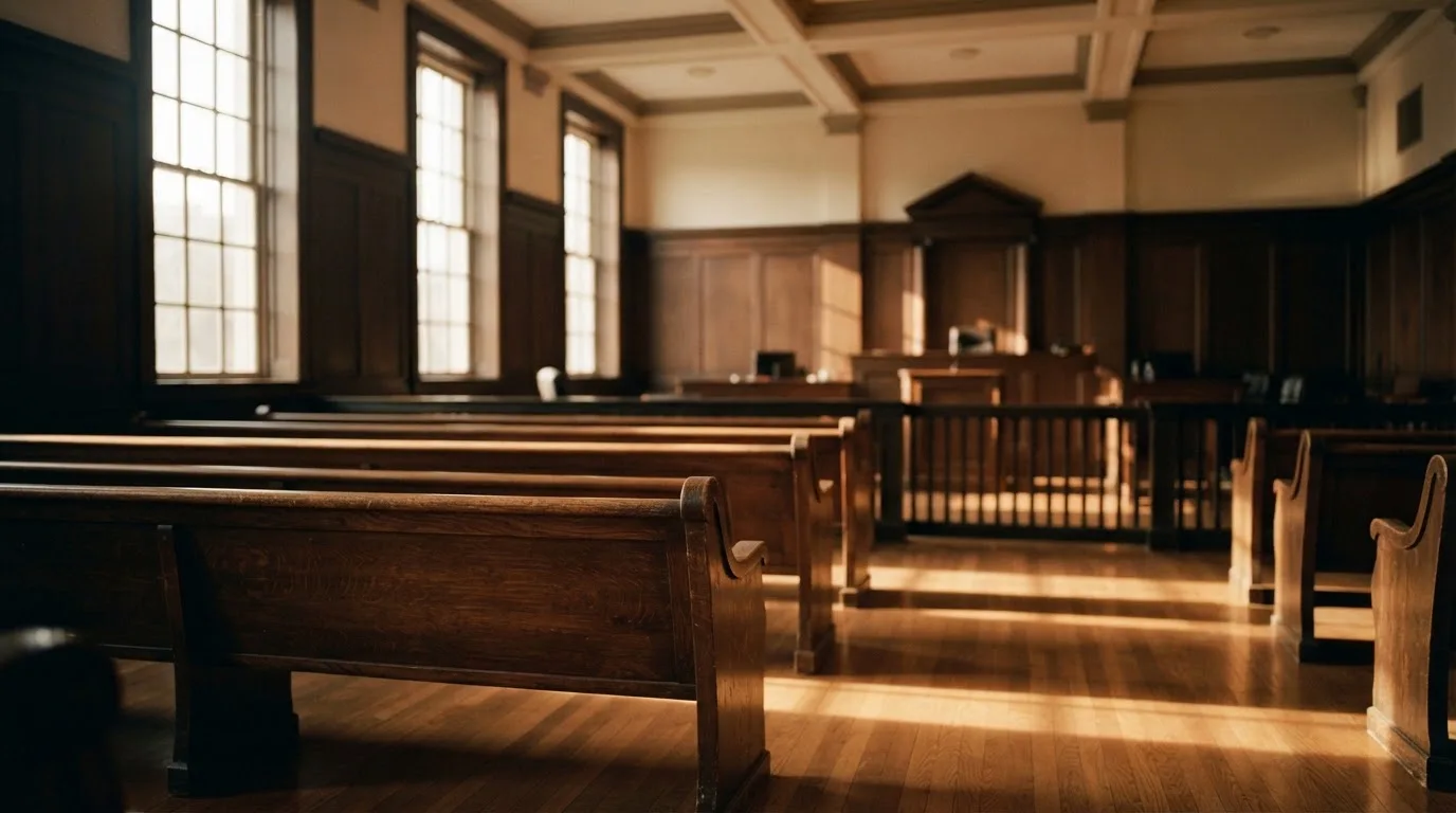 An empty courtroom with wooden benches in morning light