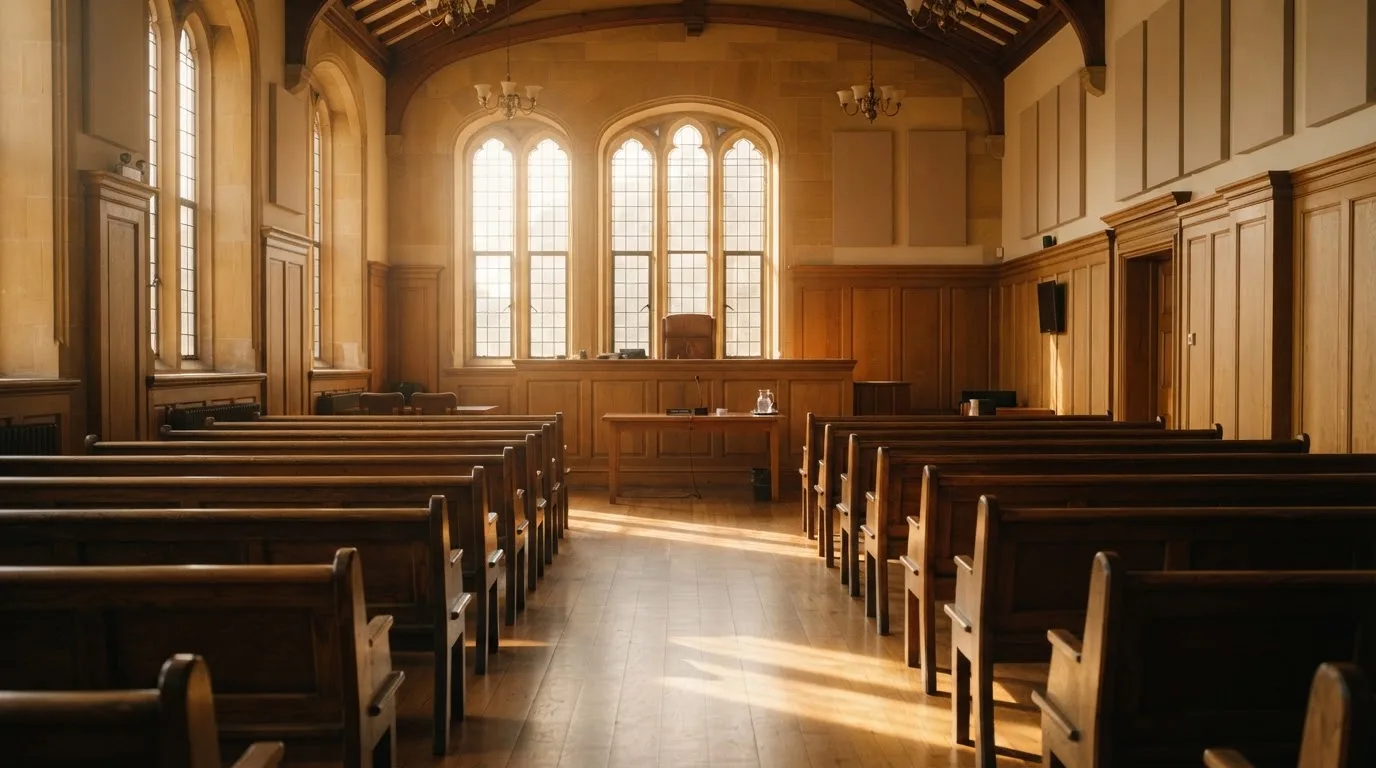 An empty courtroom with wooden benches in morning light