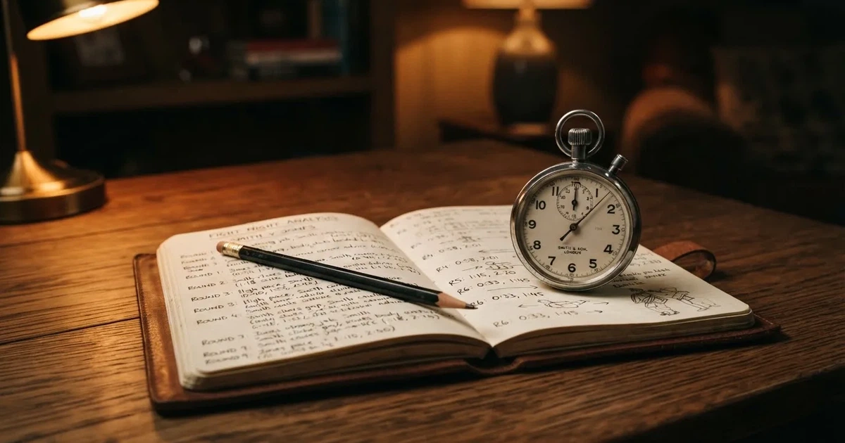 An open notebook with a pencil and a stopwatch on a wooden table
