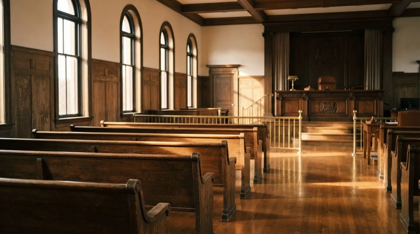 An empty courtroom with wooden benches in morning light