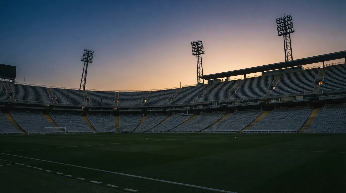An empty football stadium with floodlight masts at dusk