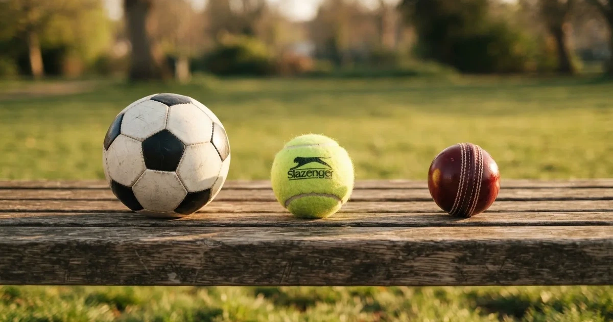 Three balls of different kinds side by side on a wooden bench